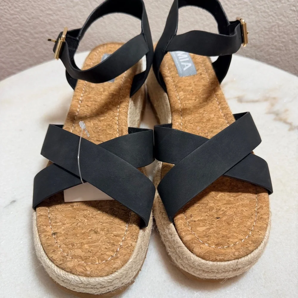 MIA Nikky Black Wedge Sandals Espadrille Platform Ankle Strap Womens Size 9 NEW